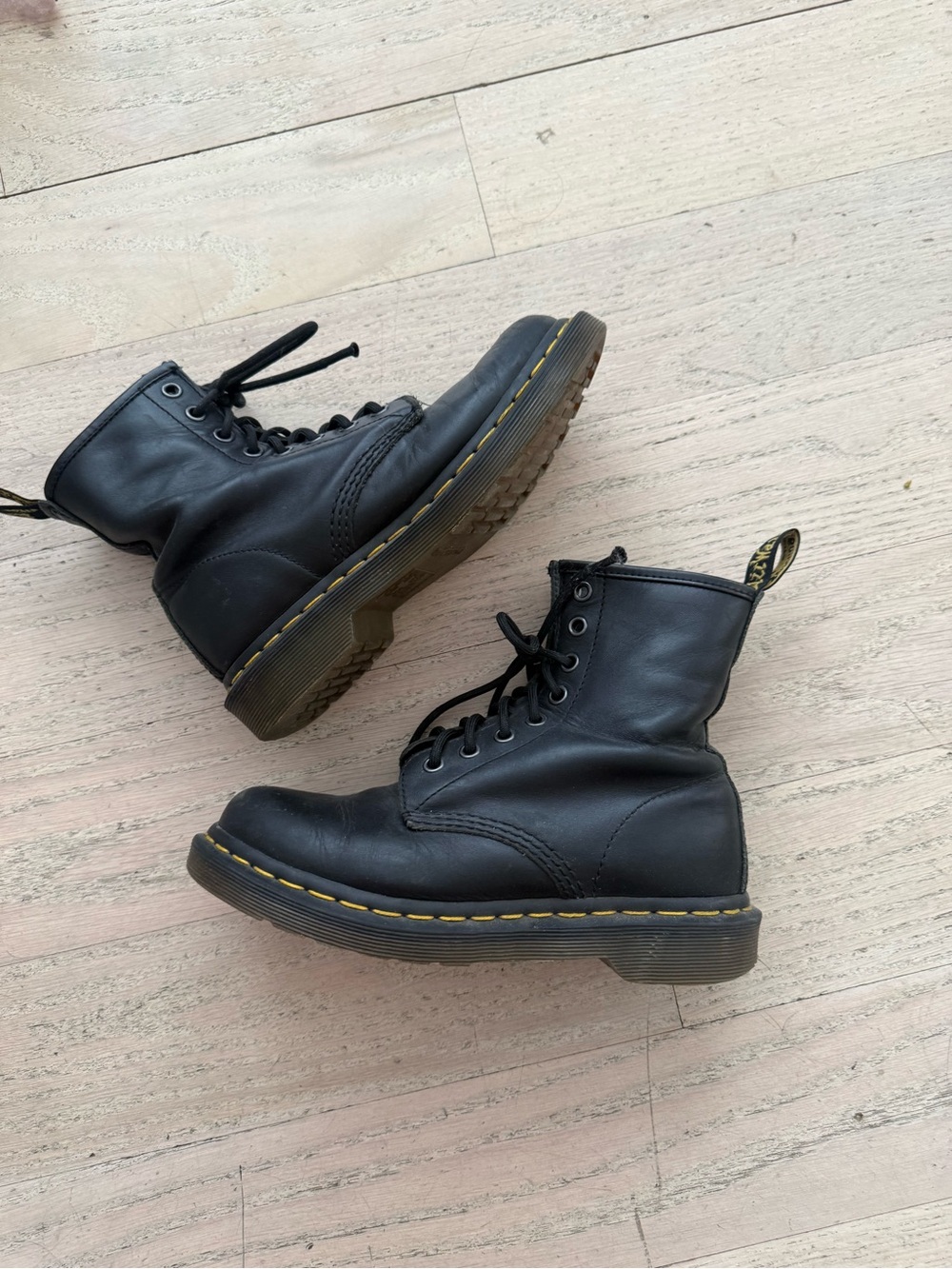 Dr. Martens Black Leather Lace-Up Boots with Yellow Stitching - US 5